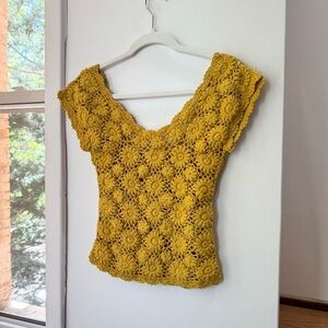 New Free People We The Free Crochet Knit Floral Yellow Top Alicia Sweater XS